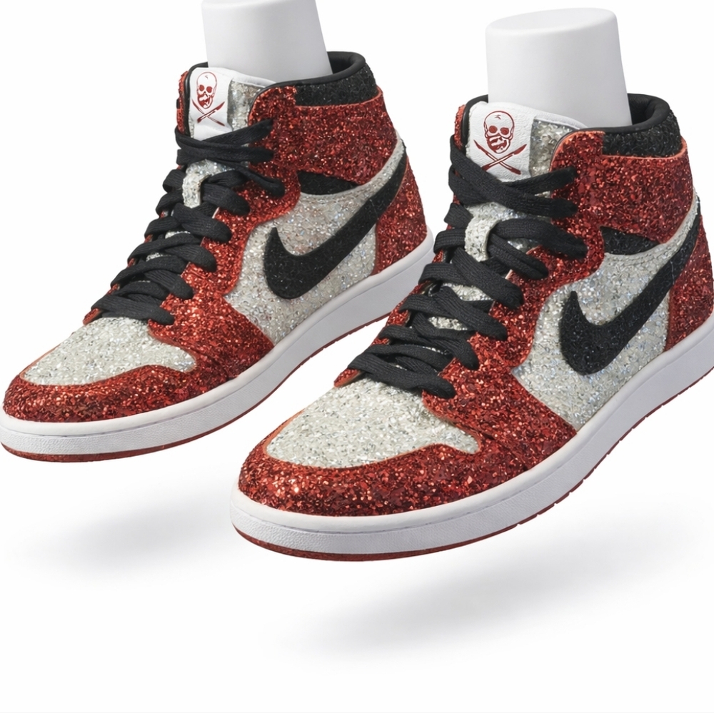 The Retro Nike Jordan 1s Glitter High-Top Sneakers in Red, Silver & Black